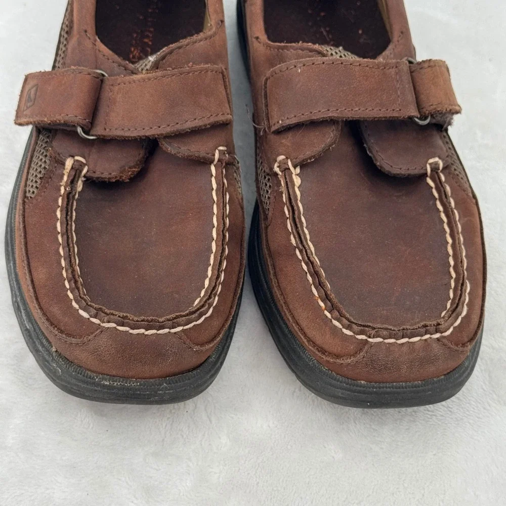 Sperry Top Sider Boys Brown Leather Boat Shoes Youth Size 3 Easy No Tie straps
